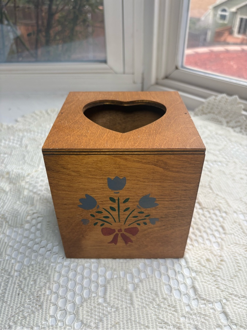 Wooden Heart Top Tissue Box cover Floral Motif - Brown